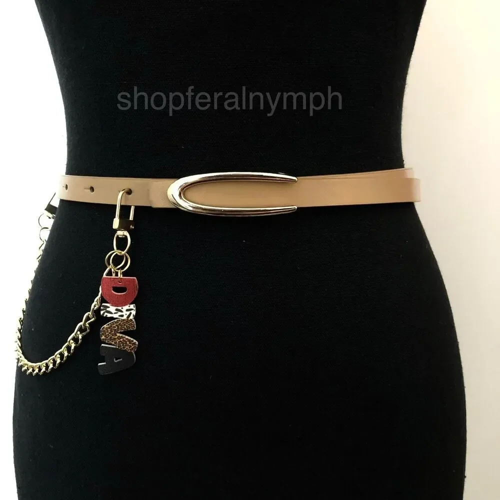 Tan Y2K Diva Charm Skinny Faux Leather Chain Belt, Fits 36.5-39 Inches, X7GA1239